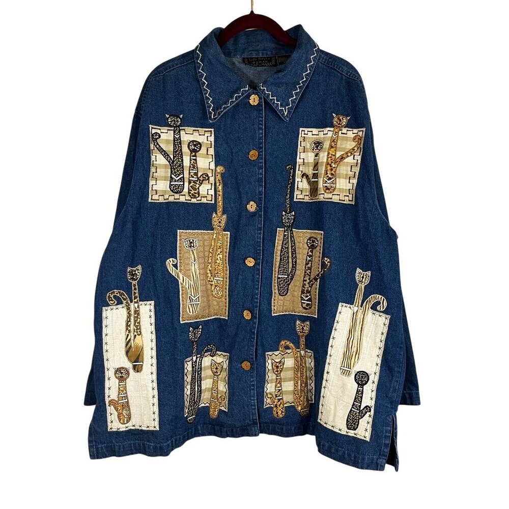 Cat Patchwork Denim Jean Jacket Blue 3X Whimsical Artsy Oversized